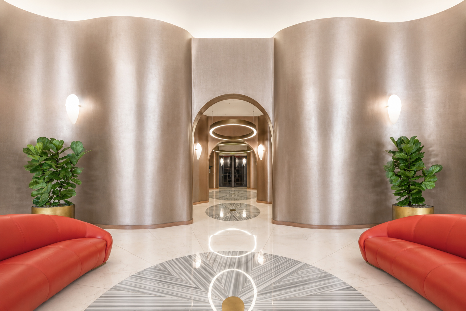 4000 Ponce lobby seating with arched Venetian stucco walls